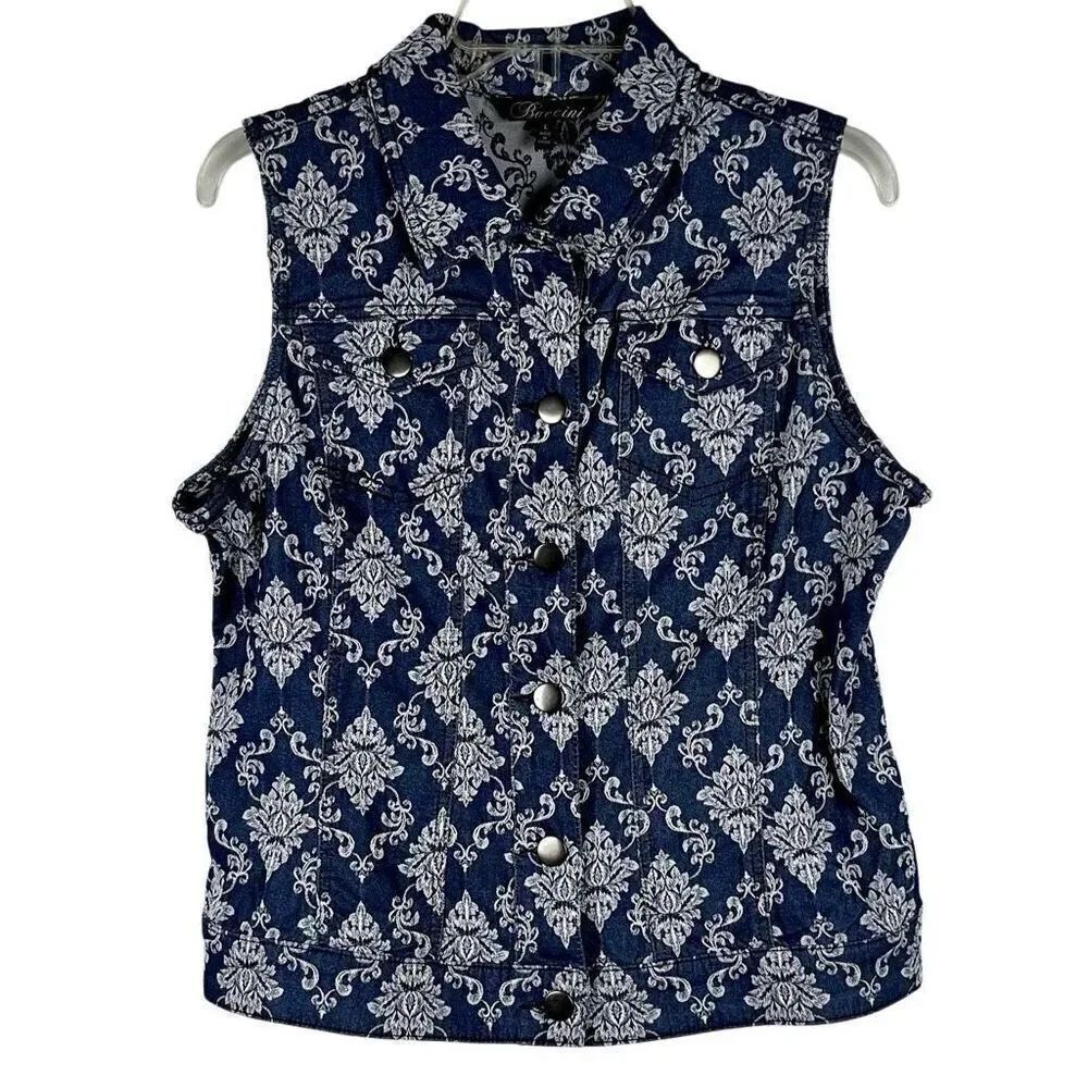 Baccini Floral Denim Style Sleeveless Button Down Collard Vest Large